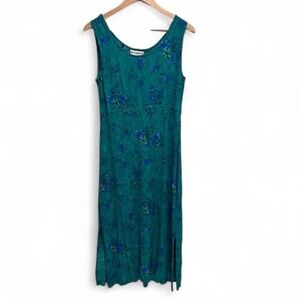 Vintage Karin Stevens Lightweight Sleeveless Blue Green Floral Midi Dress Sz 12‎